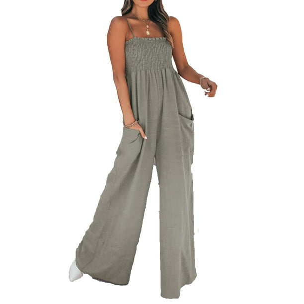 Womens Spaghetti Strap Casual Buttons Belt Wide Leg Palazzo Pants Jumpsuits Rompers 